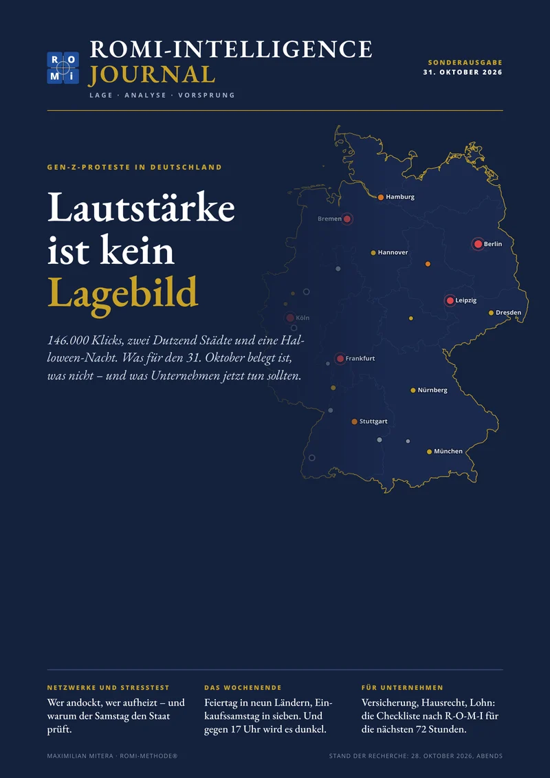 Titelseite ROMI-Intelligence, Sonderausgabe 31. Oktober 2026: Lautstärke ist kein Lagebild